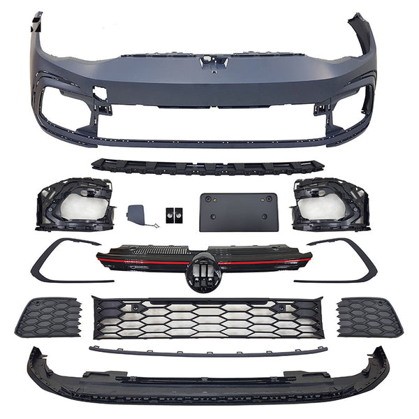 IKON MOTORSPORTS, Front Bumper Cover Compatible With 2022-2024 Volkswagen Golf GTI MK8, GTI Style Front Bumper Guard Conversion w/ Sensor Holes Park Assistant Brackets and Red Moulding Grille