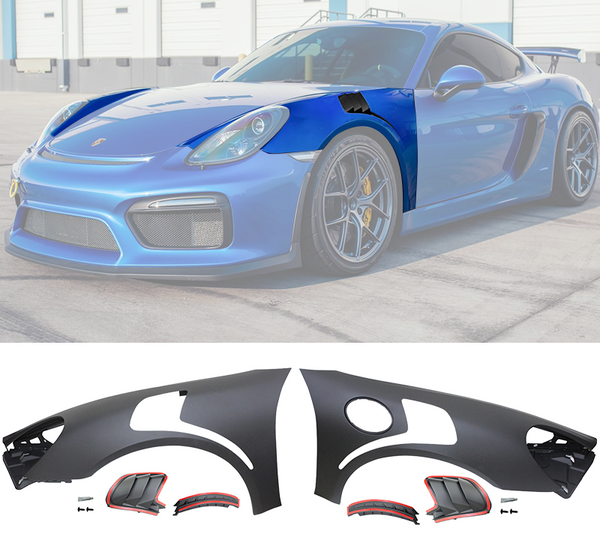 Blue porsche with a car body kit displayed below on a white background