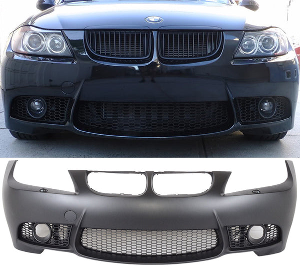 Front Bumper Cover + Foglight Fog Lamp Compatible With 2009-2011 E90 3-Series Sedan, M3 Style PP Unpainted Black Bumper Guard by IKON MOTORSPORTS