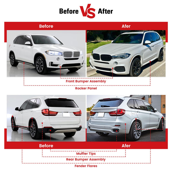 Full Bodykit Conversion Compatible With 2014-2018 BMW F15 X5, Unpainted Black PP Polypropylene M Sport Style Front Rear Bumper Side Skirts Fender Flares Grille Grill by IKON MOTORSPORTS