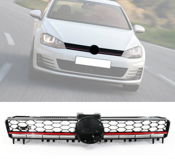 Front Bumper Cover + Hood Grille Compatible With 2015-2017 Volkswagen Golf 7, MK7 GTI Type Front Bumper Conversion Fog Cover Mesh Grille Guard Red Trim by IKON MOTORSPORTS