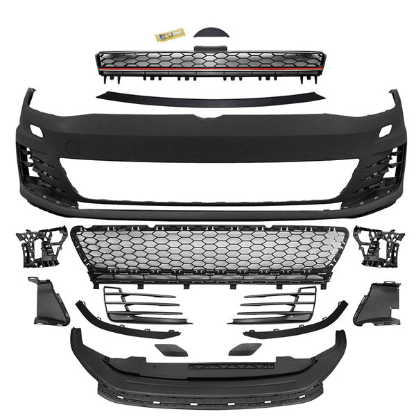 Front Bumper Cover + Mesh Grille Compatible With 2015-2017 Volkswagen Golf 7, MK7 GTI Type Front Bumper Cover Conversion Black Red Grille Guard Trim by IKON MOTORSPORTS, 2016