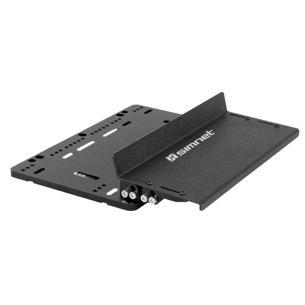 A picture of a black sim racing heel support base plate.