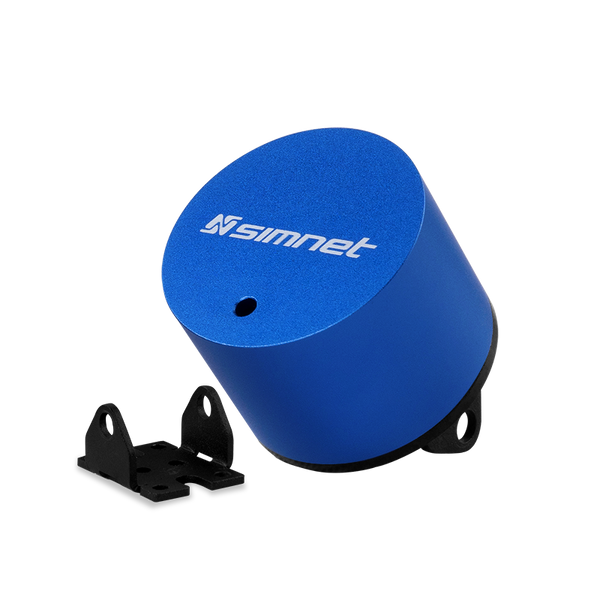 A picture of a blue transducer with a black mount.