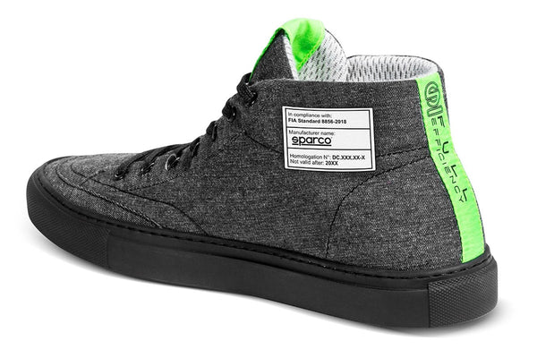 Close-up of Sparco Futura driving shoes highlighting the durable Velcro strap and breathable mesh panels.