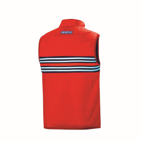 Front view of Sparco Martini Racing Replica Vest in red with V-stripe livery and embroidered logos-image