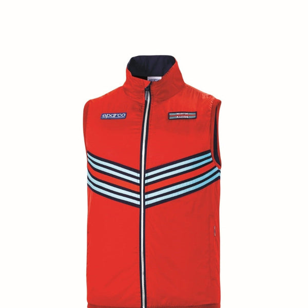 Front view of Sparco Martini Racing Replica Vest in red with V-stripe livery and embroidered logos-image