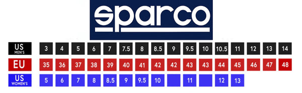 Sparco Motorsports Shoe Size Conversion Chart with US Men’s, EU, and US Women’s sizes in a clear color-coded format-image