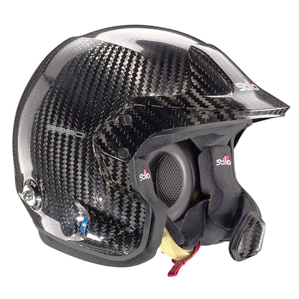 A close-up photo of the Stilo Venti WRC Carbon Fiber 8860-2018 helmet, showcasing its sleek carbon fiber shell and intricate ventilation design.