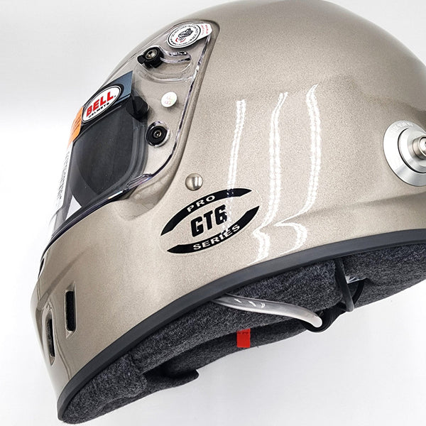 Rear-side detail of Bell GT6 RD 4C EC helmet showing Pro GT6 Series label and hydration tube exit