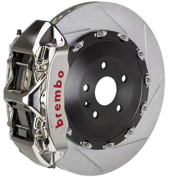 Brembo GT-R Front racing brakes with slotted rotors to resist warping and cracking
