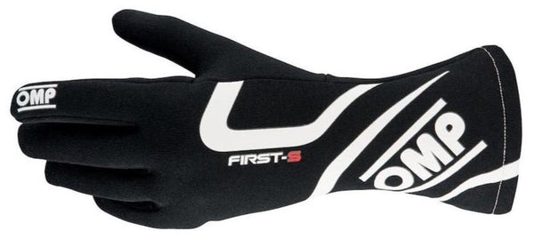 Close-up view of OMP First S Race Gloves showing silicone print on palm and fingers Image