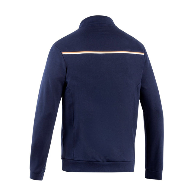 Navy Full-Zip Softshell (back view) — clean navy rear panel with bold Gulf-signature stripe, elastic hem, and tailored fit for layering or standalone wear.