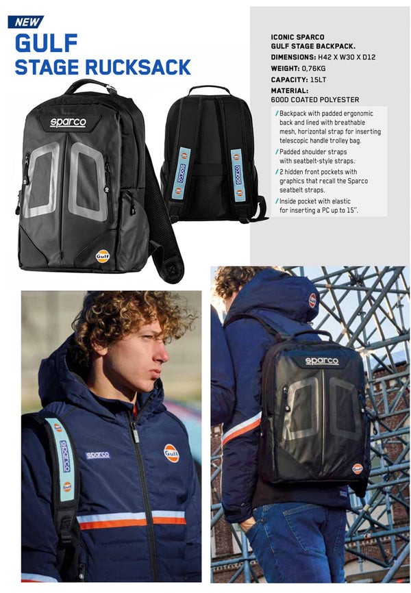 Explore the Sparco Gulf Stage Backpack in this lifestyle image—featuring racing-style seatbelt straps, ergonomic design, and iconic Gulf branding, perfect for motorsport fans and everyday use.