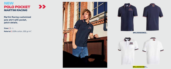 Sparco Martini Racing Polo Pocket Shirt in navy and white, front and back views with embroidered logos and striped trim -image