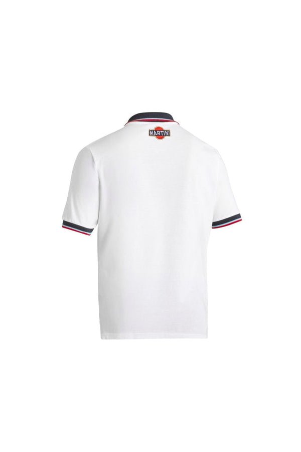 Back view of Sparco Martini Racing Polo Pocket Shirt in white with Martini logo under collar and striped sleeve accents -image