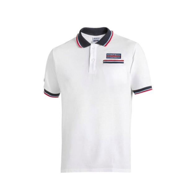 Front view of Sparco Martini Racing Polo Pocket Shirt in white with embroidered chest logo and striped trim -image
