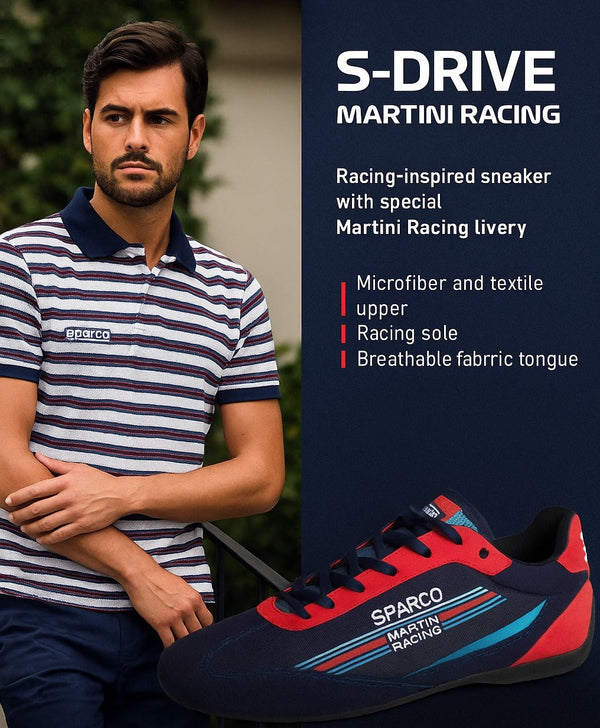 Sparco Martini S-Drive Shoe promotional graphic showcasing bold racing design, color accents, and detailed product views-image