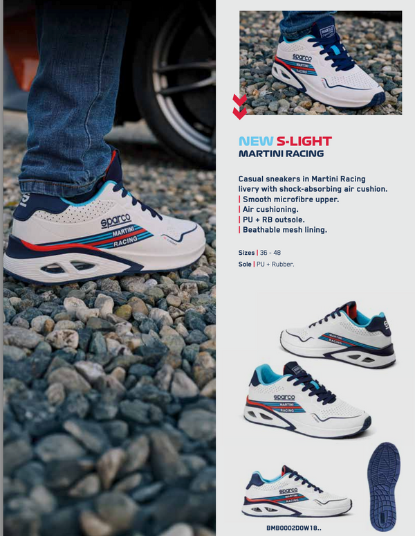 Sparco Martini S-Light Shoe promotional graphic featuring shock-absorbing casual sneakers with breathable mesh and air cushioning-image