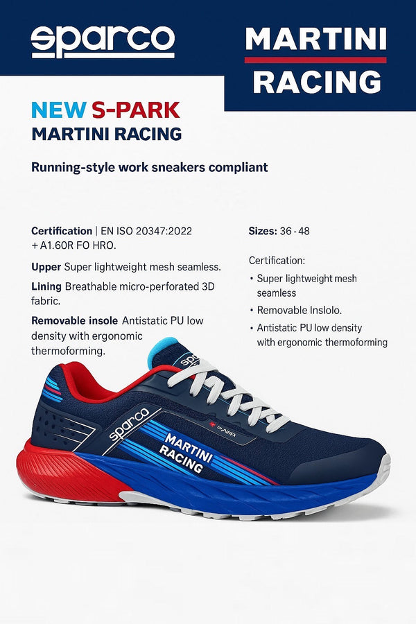 Promotional hero graphic of Sparco Martini S-Park Shoe with Martini Racing branding, feature bullets, and multiple product angles-image