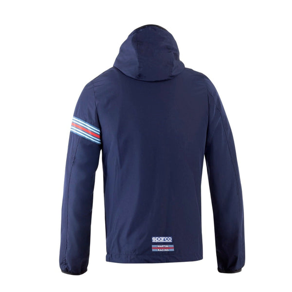 Rear view of Sparco Martini SL Windbreaker in navy showing hood and Martini Racing logo at lower back-Image