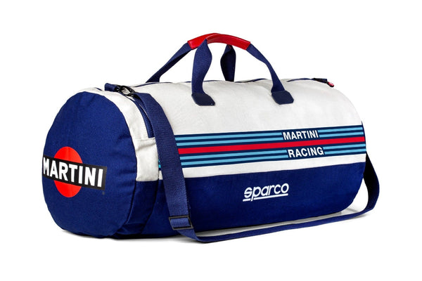 Angled view of Sparco Martini Sports Bag with removable shoulder strap and leather handles