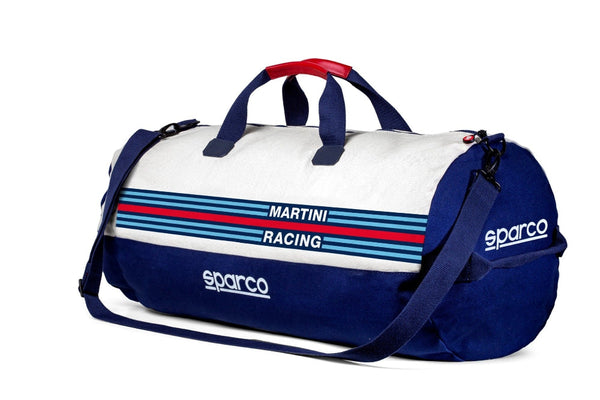 Side view of Sparco Martini Sports Bag featuring iconic Martini roundel on end panel and dual-color design