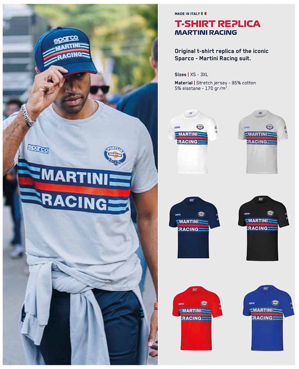 Sparco Martini T-Shirt front view hero shot with model outdoors in gray shirt and Martini Racing cap -image