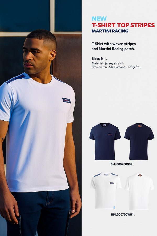 Sparco Martini T-Shirt Top Stripes in white modeled outdoors with shoulder stripe detail -Image
