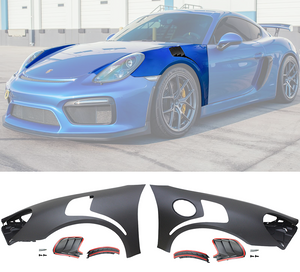 Blue porsche with a car body kit displayed below on a white background