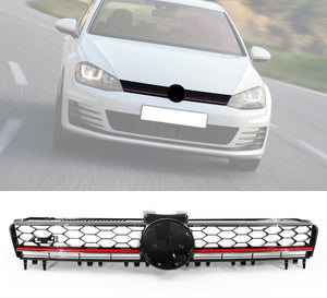 Front Bumper Cover + Hood Grille Compatible With 2015-2017 Volkswagen Golf 7, MK7 GTI Type Front Bumper Conversion Fog Cover Mesh Grille Guard Red Trim by IKON MOTORSPORTS