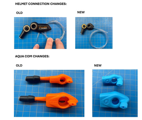 Comparison of old and new helmet connection and Aqua Com parts on a blue grid background.