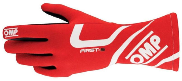 Top view of red OMP First S Race Gloves with elasticated wrist closure for a secure fit.