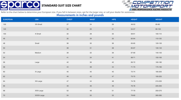Sparco Prime Spec 1 Race Suit SIZE CHART IMAGE