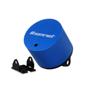 A picture of a blue transducer with a black mount.