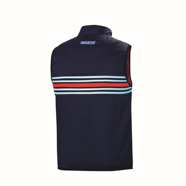 Back view of Sparco Martini Racing Replica Vest in navy with horizontal Martini striping and Sparco logo-image

