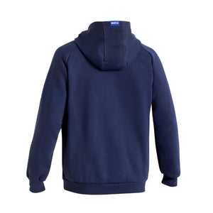 Back view of navy Sparco Gulf Hooded Full Zip highlighting hood structure and simple rear profile.

