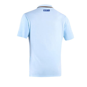 Rear of light blue Sparco Gulf Polo with embroidered Sparco tag below the collar and solid color back.