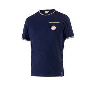 Front view of a navy Sparco Gulf Heritage T-shirt featuring a chest pocket with the Gulf logo and contrast stripe detailing on the collar and sleeve edges.