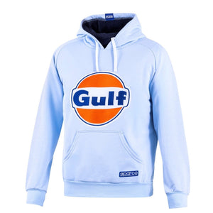 Light blue Sparco Gulf Hoodie with oversized Gulf logo on the chest and white drawstrings.