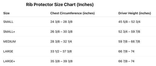 Stilo_Carbon_Curva_Rib_Protector_Size_Chart_Image