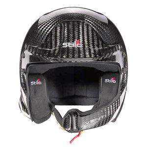 A dynamic shot of the Stilo Venti WRC Carbon Fiber 8860-2018 helmet, highlighting its aerodynamic shape and carbon fiber construction, perfect for professional motorsport.