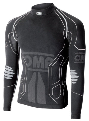 Angled front view of OMP KS Winter-R Shirt showing seamless thermal design and ergonomic stretch zones