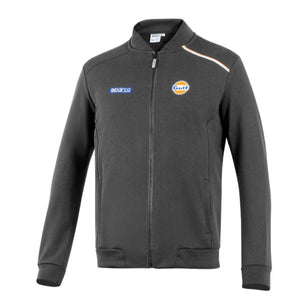 Grey Full-Zip Softshell (front view) — features a smooth, water-repellent grey shell, full-length zip, zippered hand pockets, and Gulf & Sparco logos.