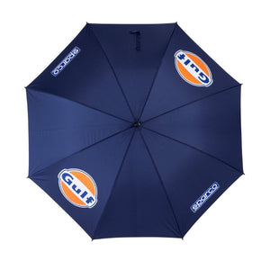Top-down view of Sparco Gulf Golf Umbrella featuring navy canopy with Gulf and Sparco logos in digital 