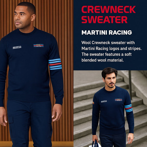 Sparco Martini Racing Crewneck Sweater hero image with two models, indoor and outdoor lifestyle views, showing logos and tri-stripe sleeve detail


