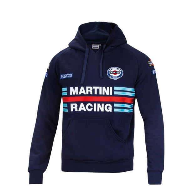Sparco Martini Hoodie navy with embroidered Martini Racing chest stripe and sponsor badges - image