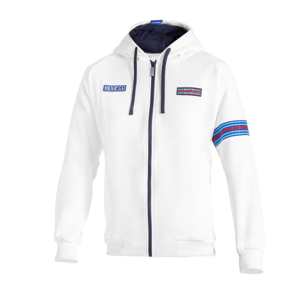 Sparco Martini Racing Hoodie white front view with chest embroidery and zip closure