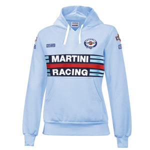 Sparco Martini Lady Hoodie in celeste blue with full embroidery and iconic Martini Racing design