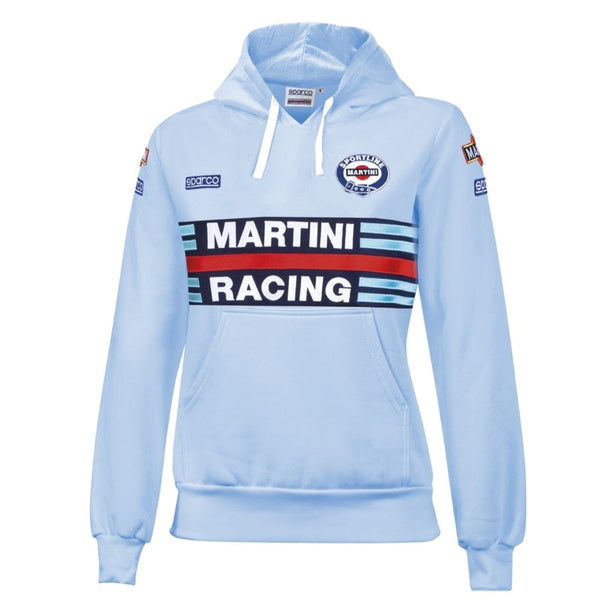 Sparco Martini Lady Hoodie in celeste blue with full embroidery and iconic Martini Racing design